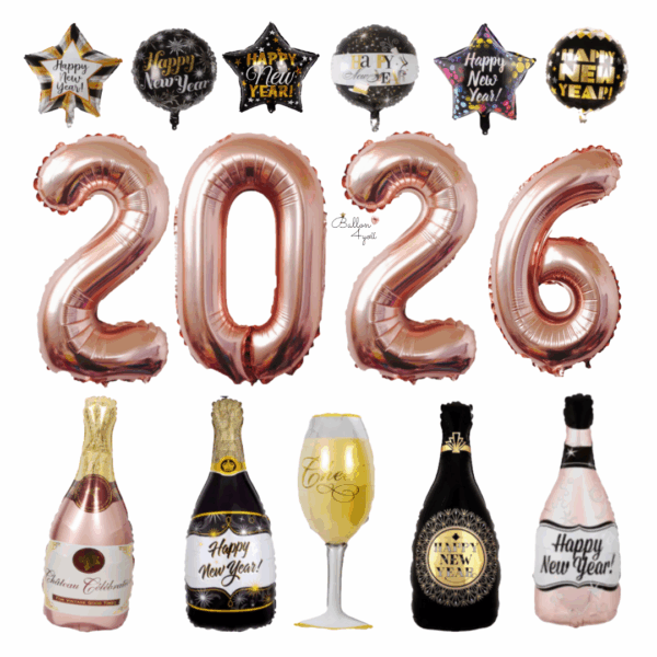Ballon-Dekoration zum Jahreswechsel: In der Mitte stehen große roségoldene Folienballons, die die Zahl „2026“ bilden. Darüber hängen runde und sternförmige Ballons mit „Happy New Year“-Aufschriften in Schwarz-, Gold- und Silber­tönen. Unten befinden sich weitere Ballons in Form von Sektflaschen und einem Sektglas, ebenfalls mit Neujahrsgrüßen und festlichen Designs.