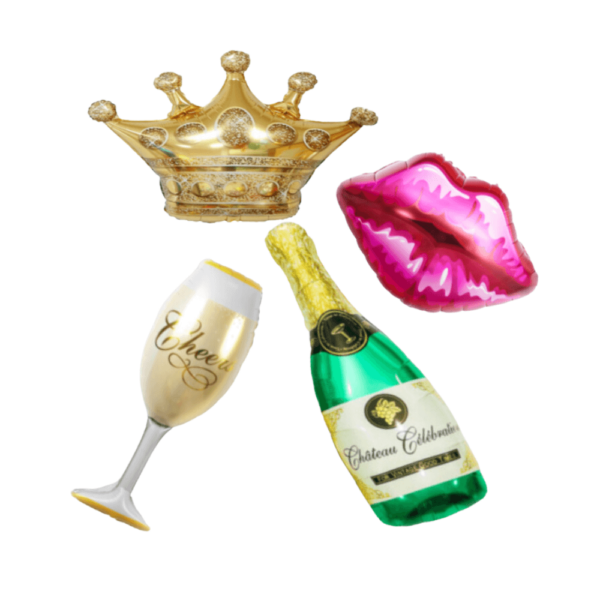 XXL Helium Ballons Champagner Flasche Sekt Glas goldene Krone Kussmund