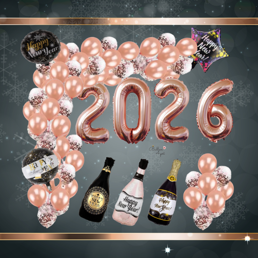 Neujahrs-Dekoration mit roségoldenen Luftballons, großer 2026-Ballonzahl, Happy-New-Year-Ballons und dekorativen Sektflaschen