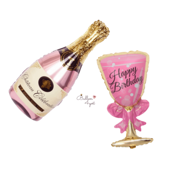 XXL Helium Ballons Champagnerflasche Rosegold und Sektglas in Rosa mit Happy Birthday Schriftzug