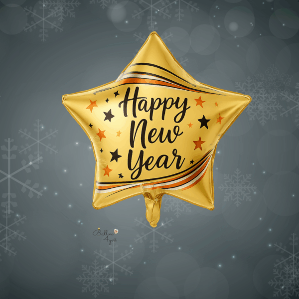 Goldener Stern Folienballon mit schwarzer Aufschrift „Happy New Year“ Sternmotiven in Schwarz, Orange und Gold