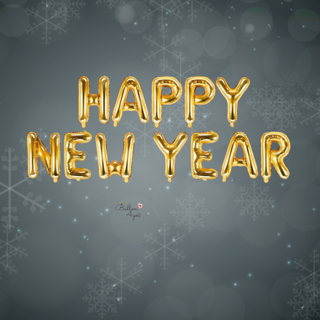 Goldene Folienballon Buchstaben bilden den Schriftzug HAPPY NEW YEAR
