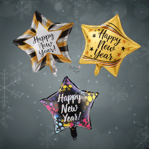 Drei sternförmige Folienballons mit unterschiedlichen „Happy New Year“-Designs in Gold, Schwarz und bunten Akzenten.